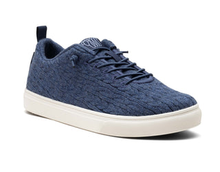 denim merino wool cooma with breathable fabric, white sole, and back pull tab for easy wear.