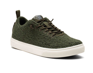green merino wool cooma with breathable fabric, white sole, and back pull tab for easy wear.