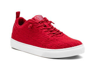 red merino wool cooma with breathable fabric, white sole, and back pull tab for easy wear.