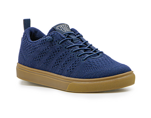 Blue Kiama with breathable knit fabric, brown sole, and lace-up design. Features a back pull tab for easy wear.