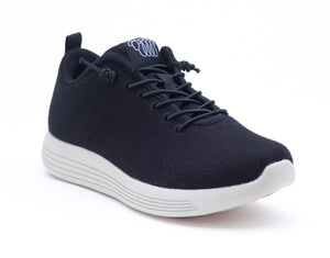 Black merino wool cheviot with breathable knit fabric, white sole, and lace-up design. Features a back pull tab for easy wear.