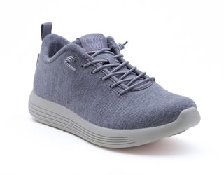 grey merino wool cheviot with breathable fabric, grey sole, and back pull tab for easy wear.