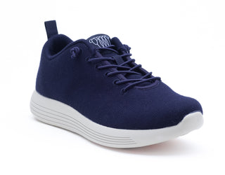 navy merino wool cheviot with breathable fabric, white sole, and back pull tab for easy wear.