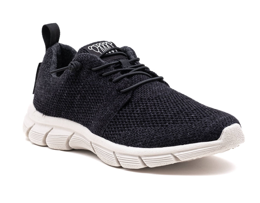 graphite merino wool fraser with breathable fabric, white sole, and back pull tab for easy wear.